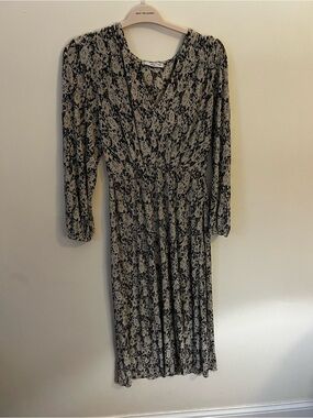 Mango Black and Cream Floral Long Sleeve Midi Dress